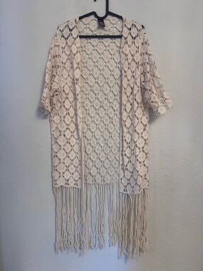 Raj Cream Crochet Openwork Kimono